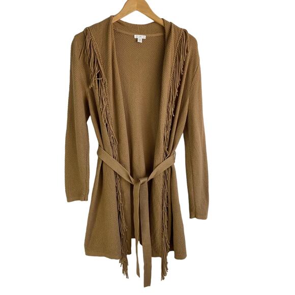 J. Jill Western Fringed Cardigan Sweater Women S Petite Tan Belted Boho Bohemian - Picture 1 of 9
